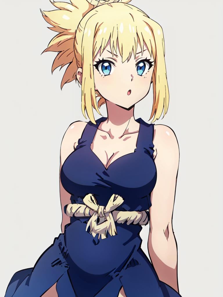 1girl, solo, kohaku, blonde hair, hair bun, looking at viewer, blue eyes, ponytail, sleeveless, dress, cleavage, <lora:kohaku-ALK:1>, contrapposto, thick thighs, simple background, upper body, :o, arms behind back