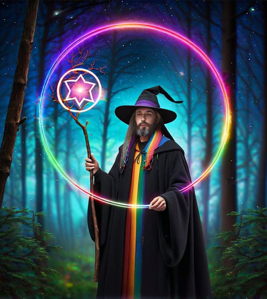 (Game CG style:1.2),floating and rainbow long hair,Iridescence and rainbow, beautiful detailed starry sky,Game CG style,this dark wizard holds a staff with branches,wearing a long cloak and a hat,holding a circular magic circle in his hand,staff,cloak,hat,branches,magic circle,forest,mystery,magic,