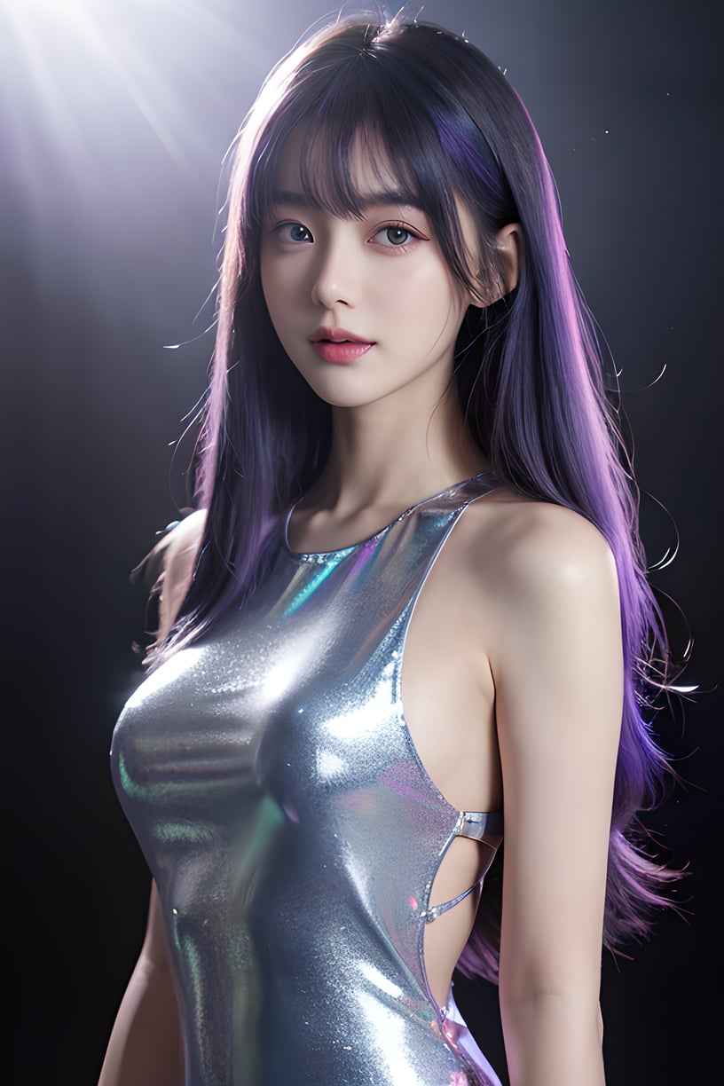 1girl, solo, blue eyes, hair over one eye, smile, looking at viewer, upper body,(holo hair), (close eyes),(purple|blue hair),breasts, lips, bangs, nose, closed mouth, medium breasts, realistic, simple background,(realistic:1.5),masterpiece, Extremely detailed CG unity 8k wallpaper, best quality, highres:1.2),(ultra_detailed, UHD:1.2),(pixiv:1.3),perfect illumination,distinct,unreal engine,sidelighting,perfect face,detailed face,beautiful eyes,pretty face,(bright skin:1.3),idol,ulzzang-6500-v1.1,soft smile,(simple background),(depth of field),(ringed eyes:1.4), (holo,holographic hair,holographic body),water, holo water,  <lora:YG极致写实极品美女:0.75>,