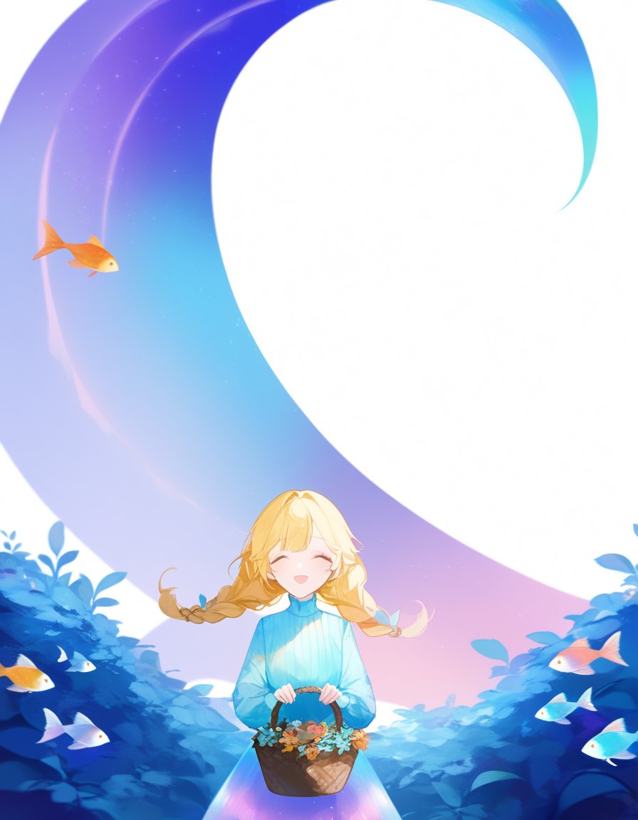 fish, arch sky, basket, garden, blonde hair with braids, happy, iridescent, 1girl,by hyatsu,by shule_de_yu,by lococo:p,