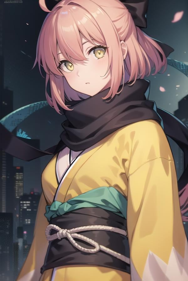 okitasouji, <lora:okitasoujitest:1>, okita souji, ahoge, black bow, pink hair, hair between eyes, hair bow, short hair, (yellow eyes:1.5),BREAK japanese clothes, kimono, sash, scarf,,BREAK outdoors, city,BREAK looking at viewer,BREAK <lora:GoodHands-vanilla:1>, (masterpiece:1.2), best quality, high resolution, unity 8k wallpaper, (illustration:0.8), (beautiful detailed eyes:1.6), extremely detailed face, perfect lighting, extremely detailed CG, (perfect hands, perfect anatomy),