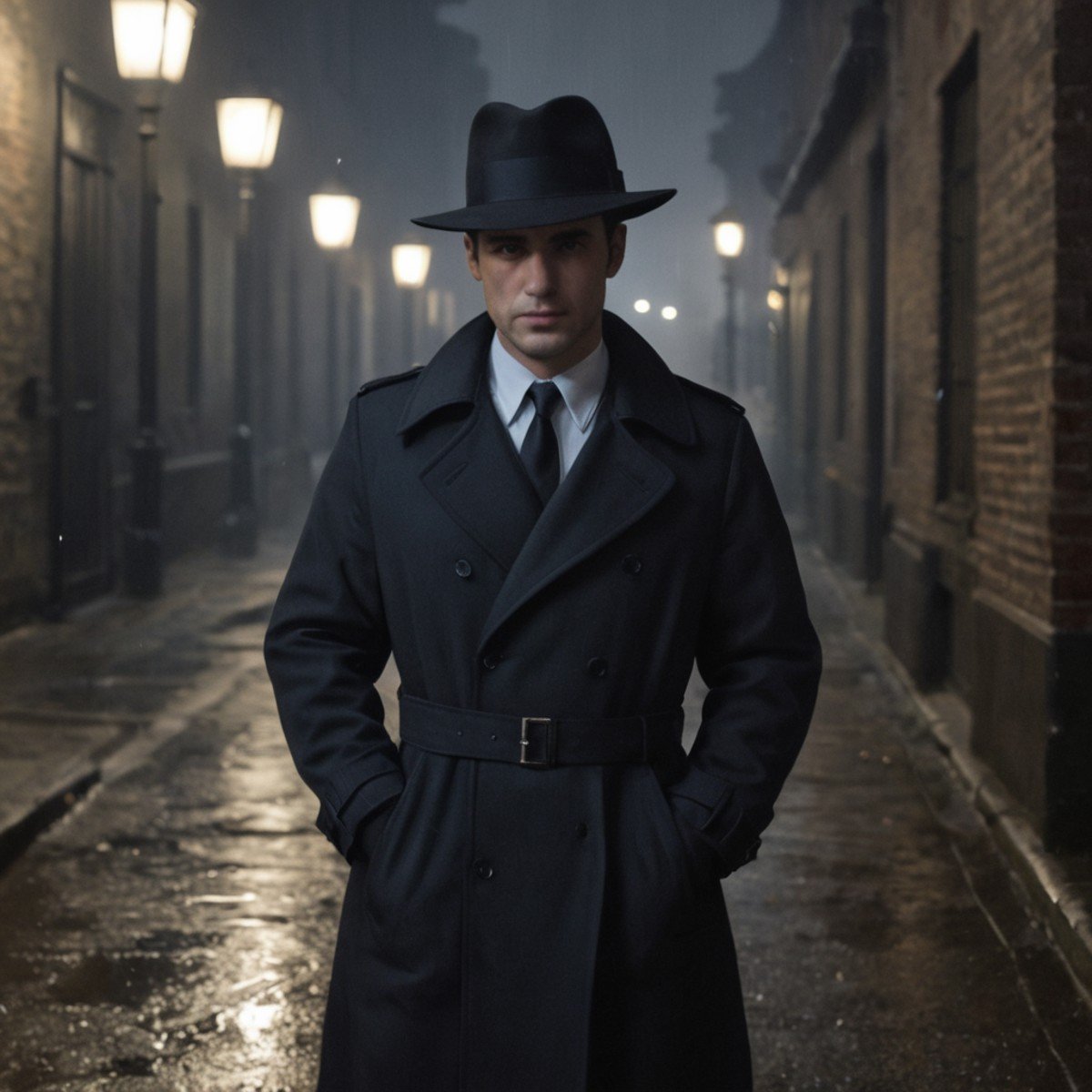 (film noire), city, night, [rain], [fog], trench coat, fedora, private detective, [murder mystery], suspense, femme fatale, dark alley, vintage cars, old street lamps, [smoke], [cigarette],((face closeup))