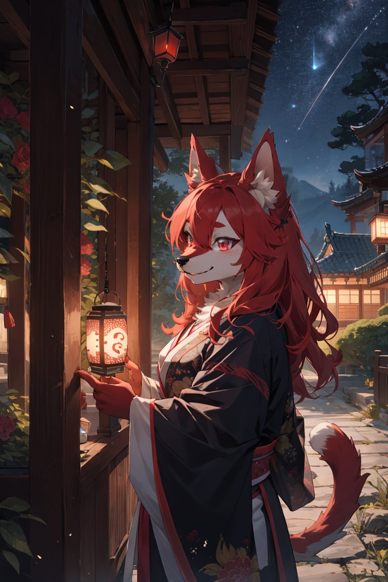 (best Fluffy hands:0.7),wide Shot,best quality,(official art, masterpiece,ultra detailed 8k art),(Fluffy body,Fluffy:1.3), (anthro,focus 1 face,furry female),upper body, body,from side,smile,red cat ear, 1 red cat tail,pink eyes, chinese clothes, old dilapidated building, wavy hair,cat tail, China BREAK(outdoor), (milky way, midnight) , Toro (a garden lantern) is a kind of traditional Japanese lighting fixture, deity, god