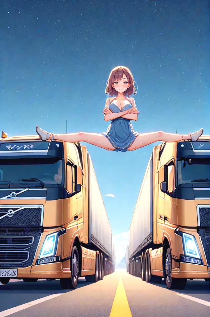 source_anime, score_9, score_8_up, score_7_up, score_6_up, score_5_up, score_4_up, masterpiece, best quality, very aesthetic, absurdres, wide shot, big truck, golden truck, epic split, split, crossed arms, spread legs, outstretched legs, sky, wind, volvo, distant sierra, vanishing point, closed mouth, night, starry sky, solo, 1girl, looking at viewer, brown hair, dress, sweat, cleavage, shy, blush, slim figure, <lora:girllikeepicsplit_pony:1>