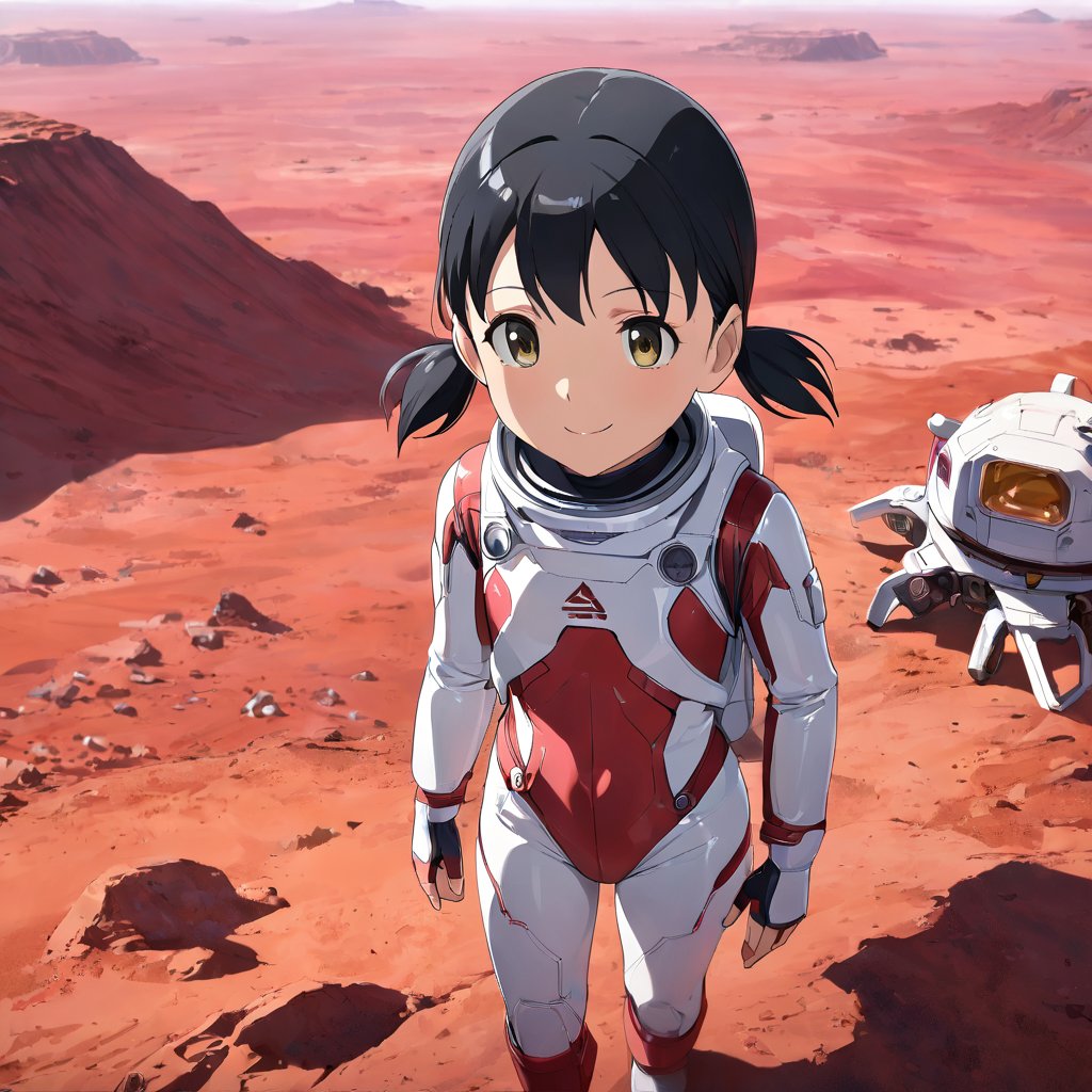 minamoto shizuka,cowboy shot, 1girl, solo, smile, Girl in a spacesuit stepping onto the surface of Mars, Earth visible in the distance, vast red landscape, futuristic colony in the background, sense of wonder and exploration, epic sci-fi scene, hyper-realistic detail, child,masterpiece, perfect face, best quality, beautiful eyes, shiny eyes, anime coloring, anime screencap, absurdres, award winning,<lora:cr9es5le878c73e65k3g:0.8>