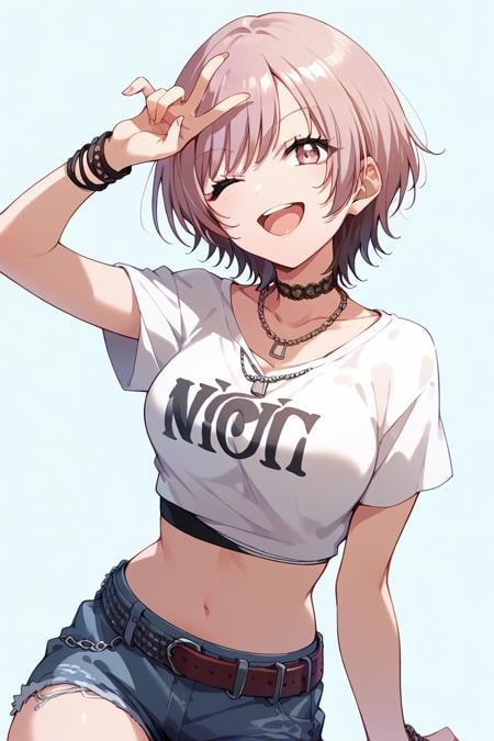 score_9, score_8_up, score_7_up, score_6_up, 1girl, <lora:Weronika:0.9> weronika, solo, one eye closed, shorts, necklace, shirt, belt, short hair, jewelry, smile, breasts, choker, open mouth, crop top, denim shorts