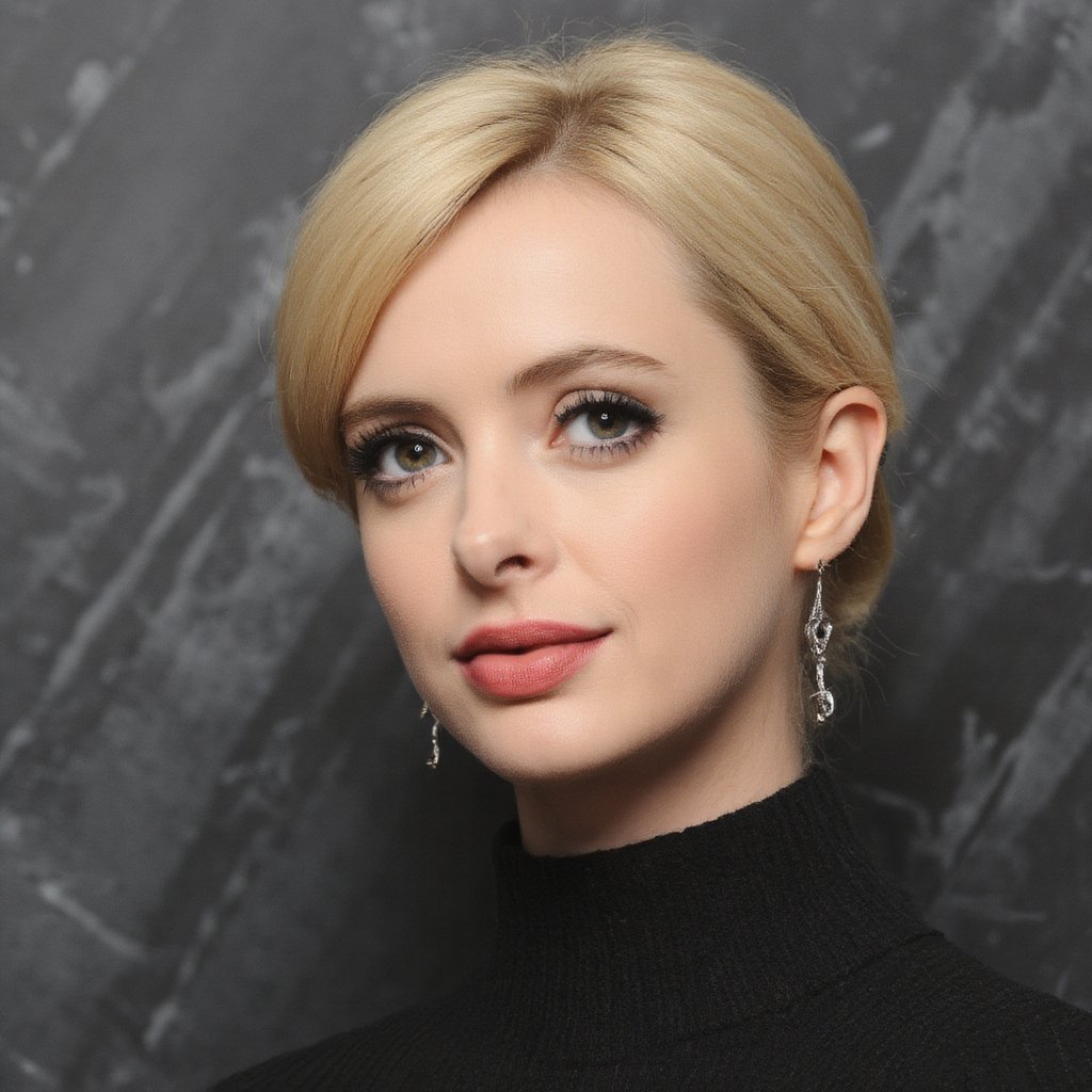 A close-up portrait of krysten_ritter with a striking appearance. She has a short, blonde hairstyle with a side part, and her striking eyes are accentuated with mascara. Her skin is fair, and she has a neutral expression. She wears a black turtleneck sweater. The background is a textured, dark gray, contrasting with her pale complexion and highlighting her features. The image style is contemporary, emphasizing the subject's facial features and expression.