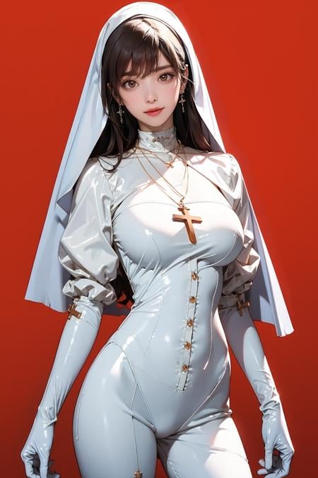 best quality,masterpiece,highres,extremely detailed cg unity 8k wallpaper,red background,1girl,solo,looking at viewer,standing,cowboy shot,large breasts,<lora:GoodHands-beta2:1>,<lora:lemon0034-Latex Nun White_v1:0.9>,lemon0034,white bodysuit,cross necklace,gloves,nun,buttons,