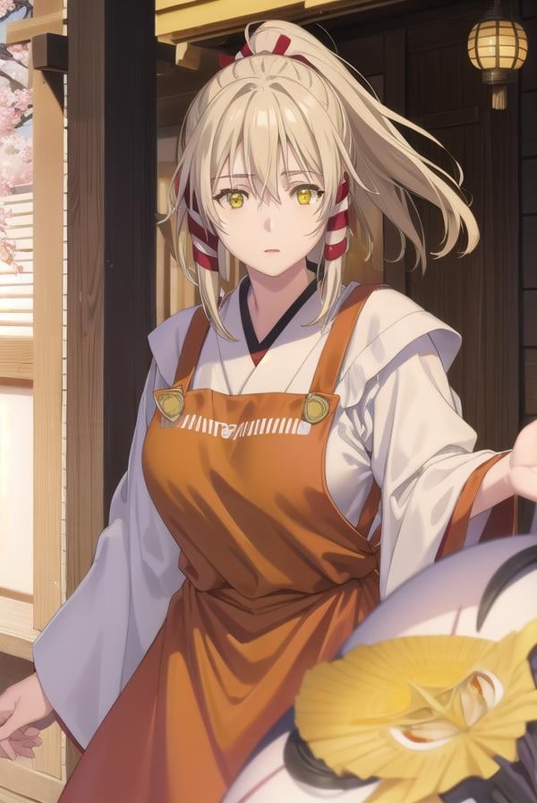 ukanomitamanokami, <lora:uka no mitama no kami s1-lora-nochekaiser:1>,uka no mitama no kami, long hair, blonde hair, hair ribbon, (yellow eyes:1.5), ponytail, tress ribbon,BREAK japanese clothes, miko, apron, (red apron:1.5),BREAK outdoors, shrine,BREAK looking at viewer, (cowboy shot:1.5),BREAK <lyco:GoodHands-beta2:1>, (masterpiece:1.2), best quality, high resolution, unity 8k wallpaper, (illustration:0.8), (beautiful detailed eyes:1.6), extremely detailed face, perfect lighting, extremely detailed CG, (perfect hands, perfect anatomy),