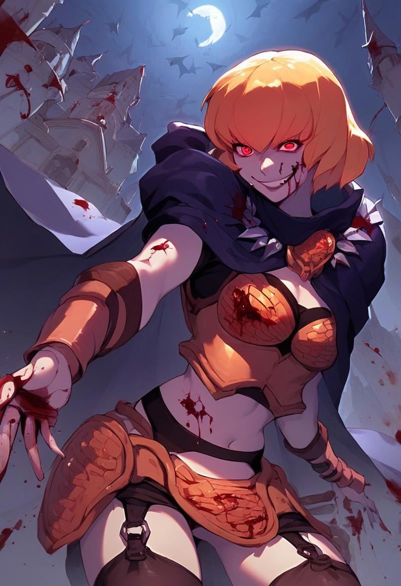 score_9, score_8_up, score_7_up,source_anime,Clementine, blonde hair, short hair, cloak, red eyes, light armor, garter belt, castle view, moonlight,blood ,evil smile