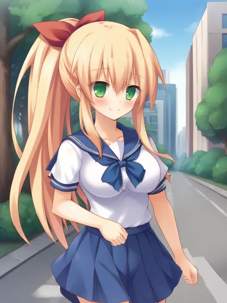 <lora:mahoshoharukapony:1>1girl, solo, obikiharuka, blonde hair, long hair, ponytail, hair ribbon, green eyes, large breasts, white shirt, short sleeves, blue serafuku, blue neckerchief, blue skirt, school uniform, walking, smile, blush, outdoors, city, trees, path