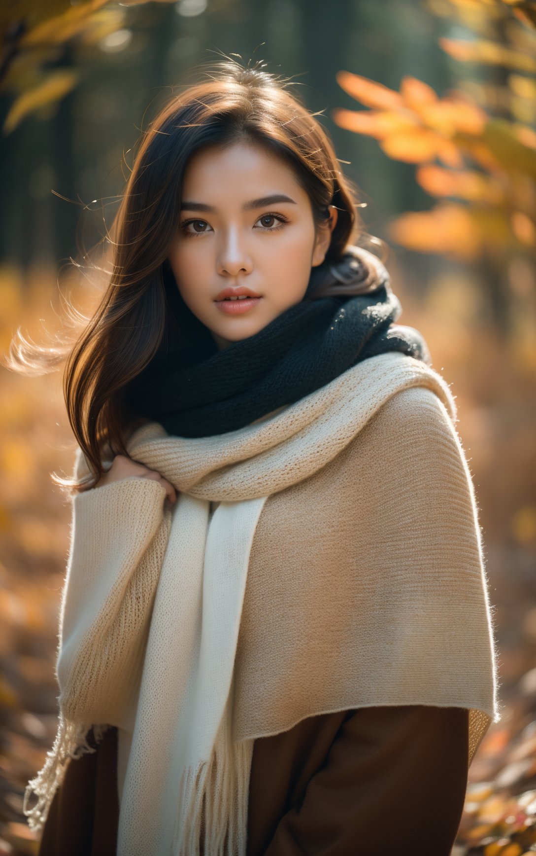 (best quality, masterpiece:1.2), ultra high res, (photorealistic:1.4), great textures, ultra high res, (realistic:1.3),In the golden glow of an autumn forest, a woman in a flowing scarf captures the essence of the season with her camera.