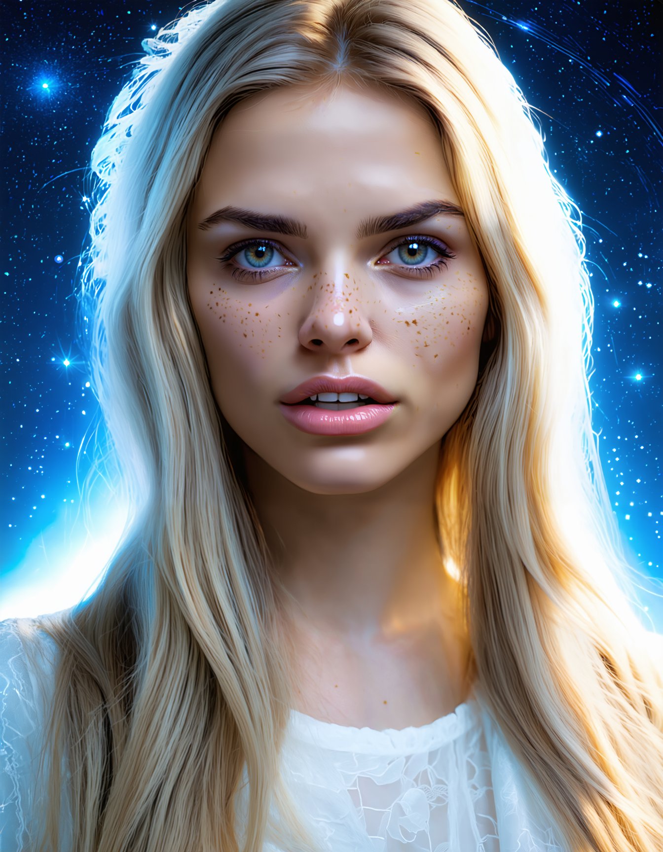 (best quality,8K,highres,masterpiece), ultra-detailed, woman, long hair, looking at viewer, blue eyes, blonde hair, parted lips, lips, portrait, star (sky), freckles, nose, realistic, space, modern_style_boost_v1_slider_sd3m.safetensors