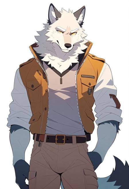 canid, canids, wolf, flat colors, anthro, solo, male, (white eyebrows, white fur, white bdoy), golden eyes,fully clothed, jacket, undershirt, belt, cargo pants, bulge,white background, simple background, masterpiece, best quality,