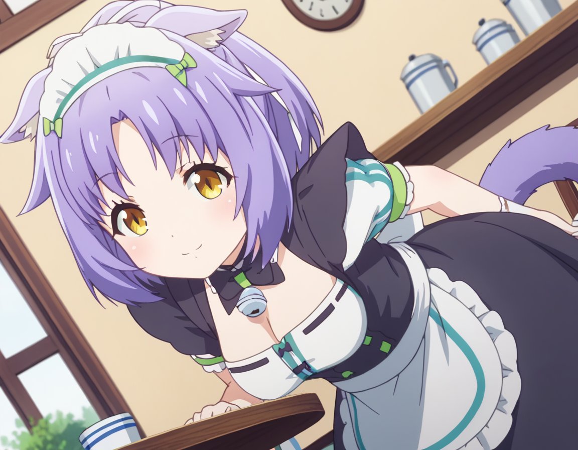 score_9, score_8_up, score_7_up, source_anime,nekoparacinnamon, <lora:nekopara-cinnamon-s1-ponyxl-lora-nochekaiser:1>,cinnamon, short hair, animal ears, yellow eyes, purple hair, cat ears,dress, bow, tail, short sleeves, frills, bowtie, apron, cat tail, maid, maid headdress, bell, cat girl, waist apron, jingle bell, neck bell, waitress, cleavage,indoors, cafe, bent over, smile,looking at viewer, solo, cowboy shot, dutch angle,