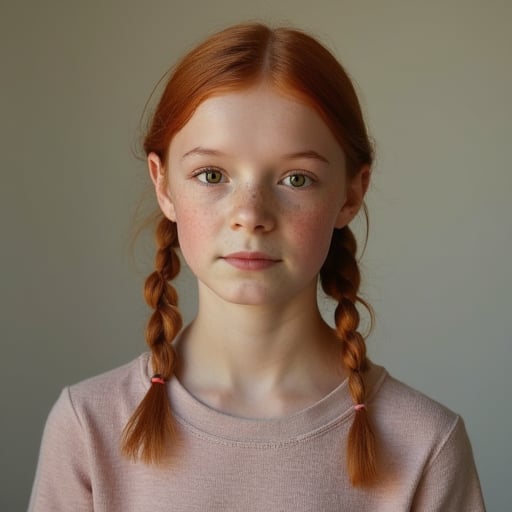 Full-body-length painting of a Young Girl: A slender, 18-year-old girl with dark russet hair tied in double plaits and light brown eyes gazes directly at the camera, exuding confidence.