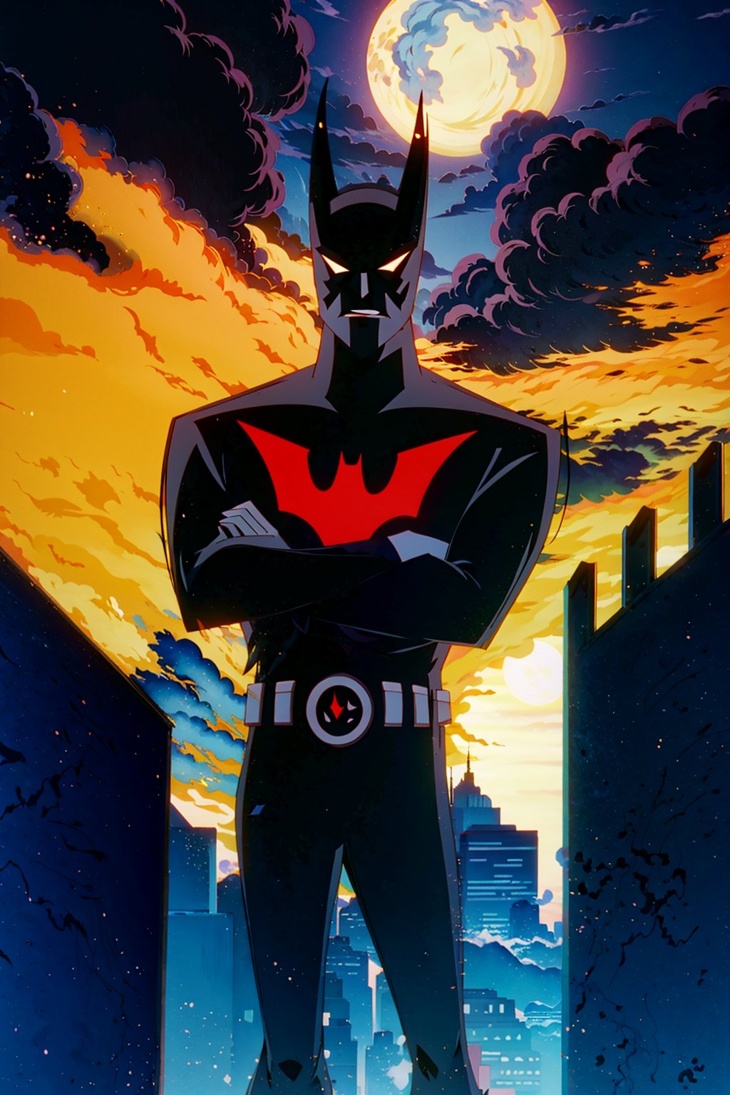 Batman-Beyond, male focus ,standing, crossed arms,, (colorful),(finely detailed, detailed face),cinematic lighting, extremely detailed CG unity 8k wallpaper,solo,smile,sky, cloudy_sky, building, moonlight, moon, night, (dark theme:1.3), light, fantasy, <lora:Batman_Beyond-20:1>