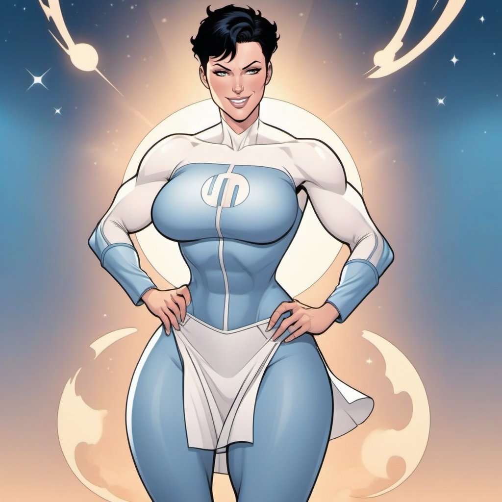 comic  a (((full body))) muscular woman smiling, short dark hair, huge breast, hourglass figures,wears a futuristic white and lightblue bodysuit, white miniskirt, poses,  space background<lora:Anissa1024:0.8>  . graphic illustration, comic art, graphic novel art, vibrant, highly detailed