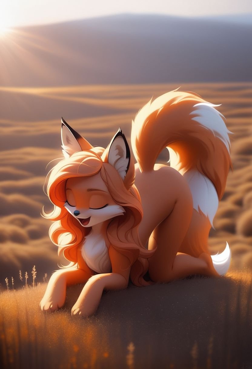 Score_9, , award winning photo of a beautiful  girl with plumed fox tail, on all fours, moaning, cute,, her fox tail curls over her,, golden hour, 100mm f/2.8 macro lens, Lighting and Filters: Natural sunlight, Use a soft filter to enhance the soft, relaxing atmosphere. - Mood: Free and spontaneous.