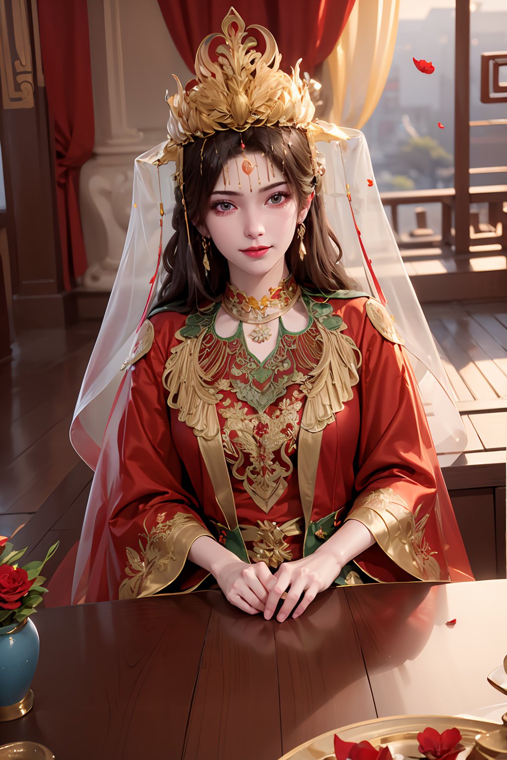 1girl, solo, long hair, looking at viewer, smile, brown hair, black hair, hair ornament, long sleeves, dress, jewelry, closed mouth, flower, earrings, indoors, wide sleeves, petals, bare legs, facial mark, chinese clothes, red dress, red flower, veil, forehead mark, falling petals, vase,looking at viewer,masterpiece,best quality,official art,extremely detailed CG unity 8k wallpaper<lora:EMS-414289-EMS:0.800000>