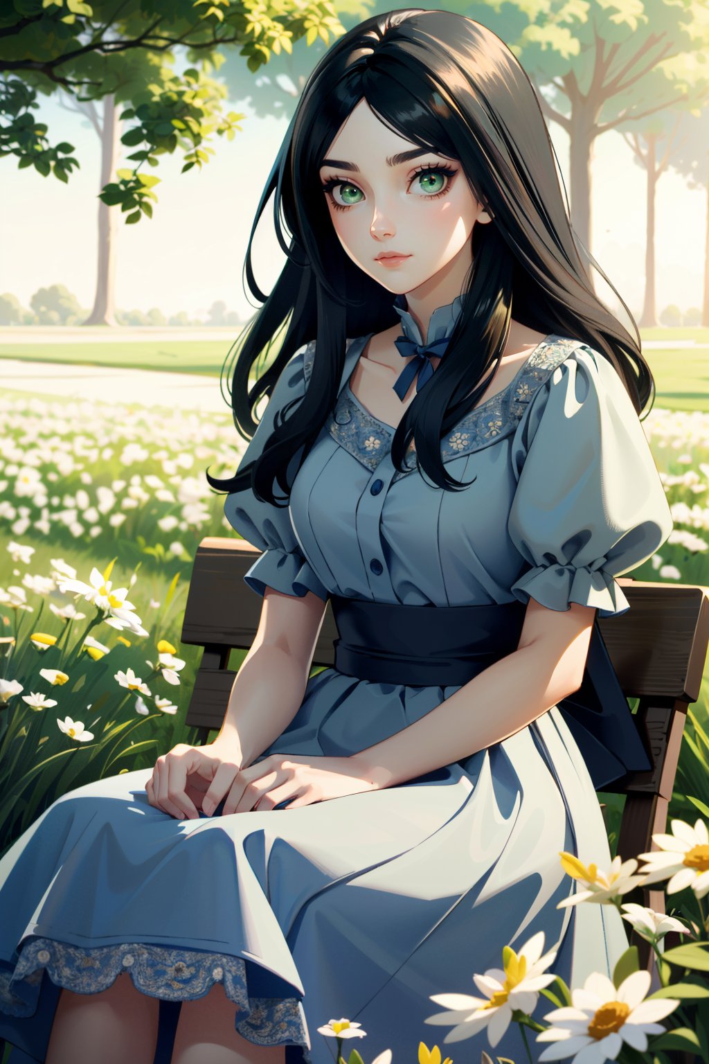 ((ultra detailed, masterpiece, best quality))<lora:AliceMadness:0.8>AliceMadness, 1girl, solo, long hair, black hair, green eyes, Amidst a field of daisies, bohemian-inspired maxi dress, warm sunlight filtering through, sitting with a bouquet and a serene expression