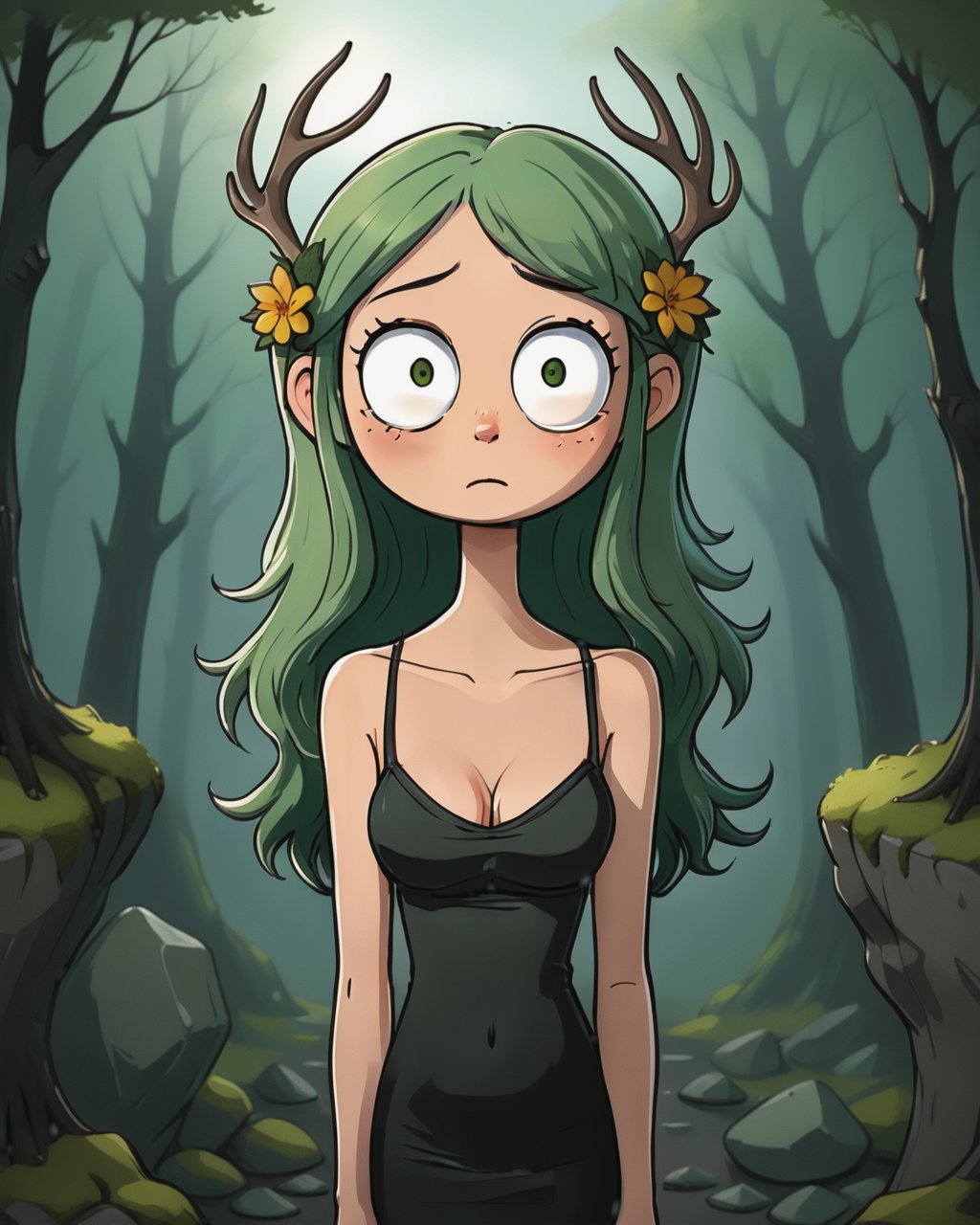 <lora:crt-000007:1> score_9, score_8_up, score_7_up,  dark, from above, (solo), elven girl, standing, bare shoulders, green hair, braids, large breasts, flower hair, antlers, black dress, cute, overgrowth,  sexy pose, looking at viewer, outdoor, moss, rocks, smile, 1girl, delicate and smooth skin, blush, perfect body, thighs, highly detailed, glossy lips,  