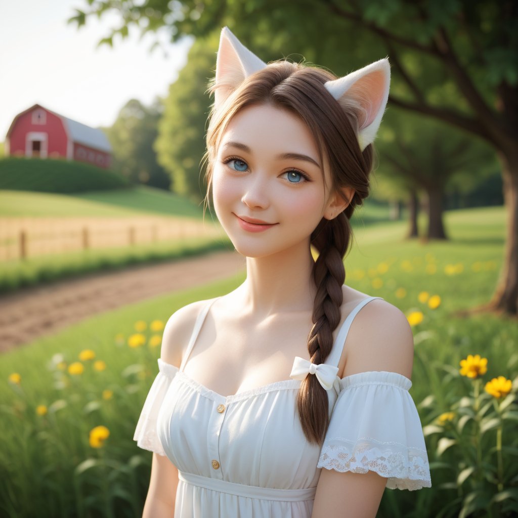 score_9,score_8_up,score_7_up,young 1girl with braided hair and fluffy cat ears, dressed in Off-Shoulder Sundress, standing in a rustic farm setting. She has a soft, gentle smile, expressive eyes and sexy cleavage. The background features a charming barn, fields of golden wheat, and a clear blue sky. The composition should be bathed in the warm, golden hour light, with a gentle depth of field and soft bokeh to accentuate the pastoral serenity. Capture the image as if it were taken on an old-school 35mm film for added charm, looking at viewer