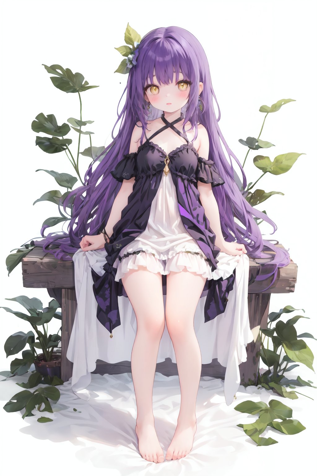 1girl,bangs,bare shoulders,barefoot,blush,earrings,fish,full body,jewelry,leaf,long hair,purple hair,solo,white background,yellow eyes,