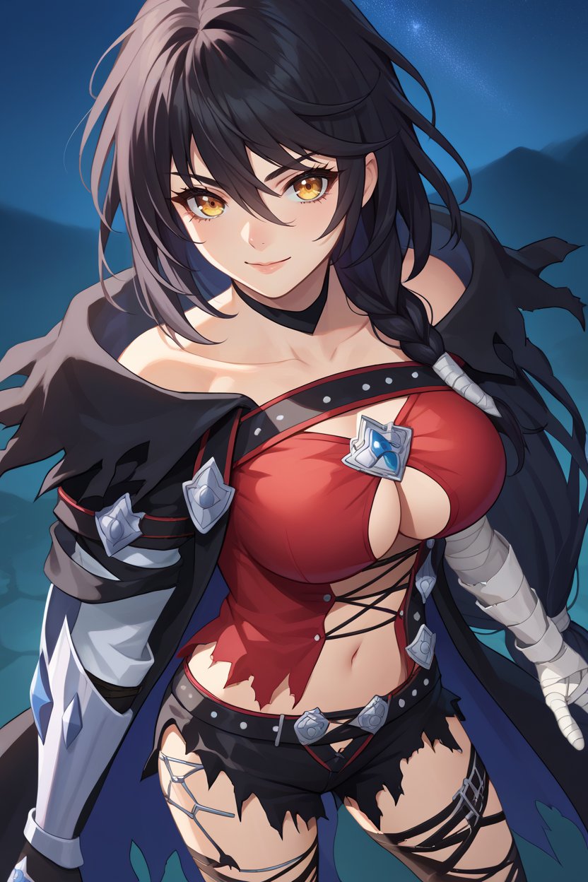 score_9, score_8_up, score_7_up, score_6_up, source_anime BREAK 1girl, solo  <lora:velvetcrowe-pdxl-nvwls-v1-000005:1> velvetcrowe, black hair, low-tied long hair, braid, black choker, black cloak, cross-laced shirt, cleavage, harness, navel, torn clothes, black shorts, torn shorts, single gauntlet, bandaged arm, black thighhighs, large breasts, looking at you, from above, light smile, night sky, upper body, portrait