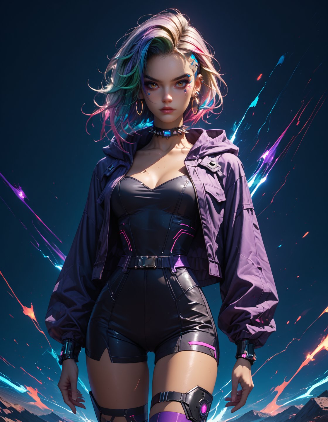 score_9, score_8_up, score_7_up,  full shot, 1girl, 24yo, dynamic pose, dynamic angle,  long legs, toned thighs, thigh gap, sexy, (rebellious cyberpunk hacker), japanese, tan skin, brown eyes, long deep blue spiky hair, plethora of silver hoop earrings adorning her ears,eyebrow piercing, wearing a cyberpunk purple leather jacket, fitted leggings with neon stripes, platform boots with neon highlights, tech headset,spiked choker,hooded cloak, carrying a hacking device, set in a high-tech city square, featuring interactive displays, sleek benches, a vibrant night scene, at night, dark theme, fantasy style