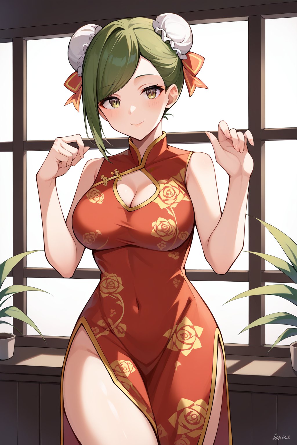 score_9, score_8_up, score_7_up, source_anime, hazukinanakusa, green hair, short hair, hair bun, double bun, bun cover, swept bangs, green eyes, large breasts, chinese clothes, china dress, red dress, sleeveless, sleeveless dress, print dress, floral print, cleavage cutout, side slit, looking at viewer, smile, cowboy shot, <lora:nanakusa_hazuki_XL:0.9>