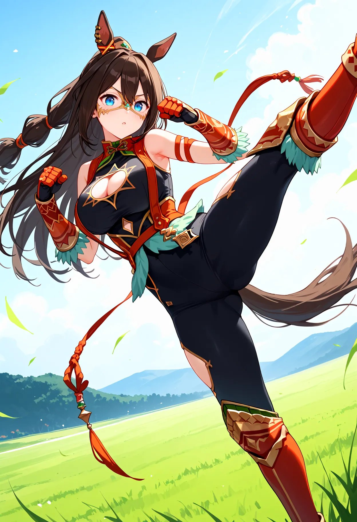 score_9, score_8_up, score_7_up, BREAK, best quality, masterpiece, very aesthetic, ultra detailed,very detailed background,BREAK,,zPDXL3,ECP_Monk, 1girl, solo, long hair, bangs, blue eyes,brown hair, gloves, cleavage, ponytail, boots, sleeveless, armor, official alternate costume, clothing cutout, yellow mask,cleavage cutout, horse ears,  horse tail, yellow domino mask<lyco:ElCondorPasa-ponyXL:1>,fantasy,high kick,field,dutch angle,