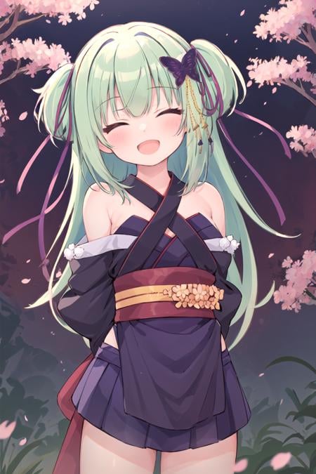 1girl, murasame, two side up, hair ornament,kimono, bare shoulders, skirtnight, outdoors, cherry blossoms, :d, head tilt, closed eyes, arms behind back, medium shot, close-up<lora:Murasame-06:1>,