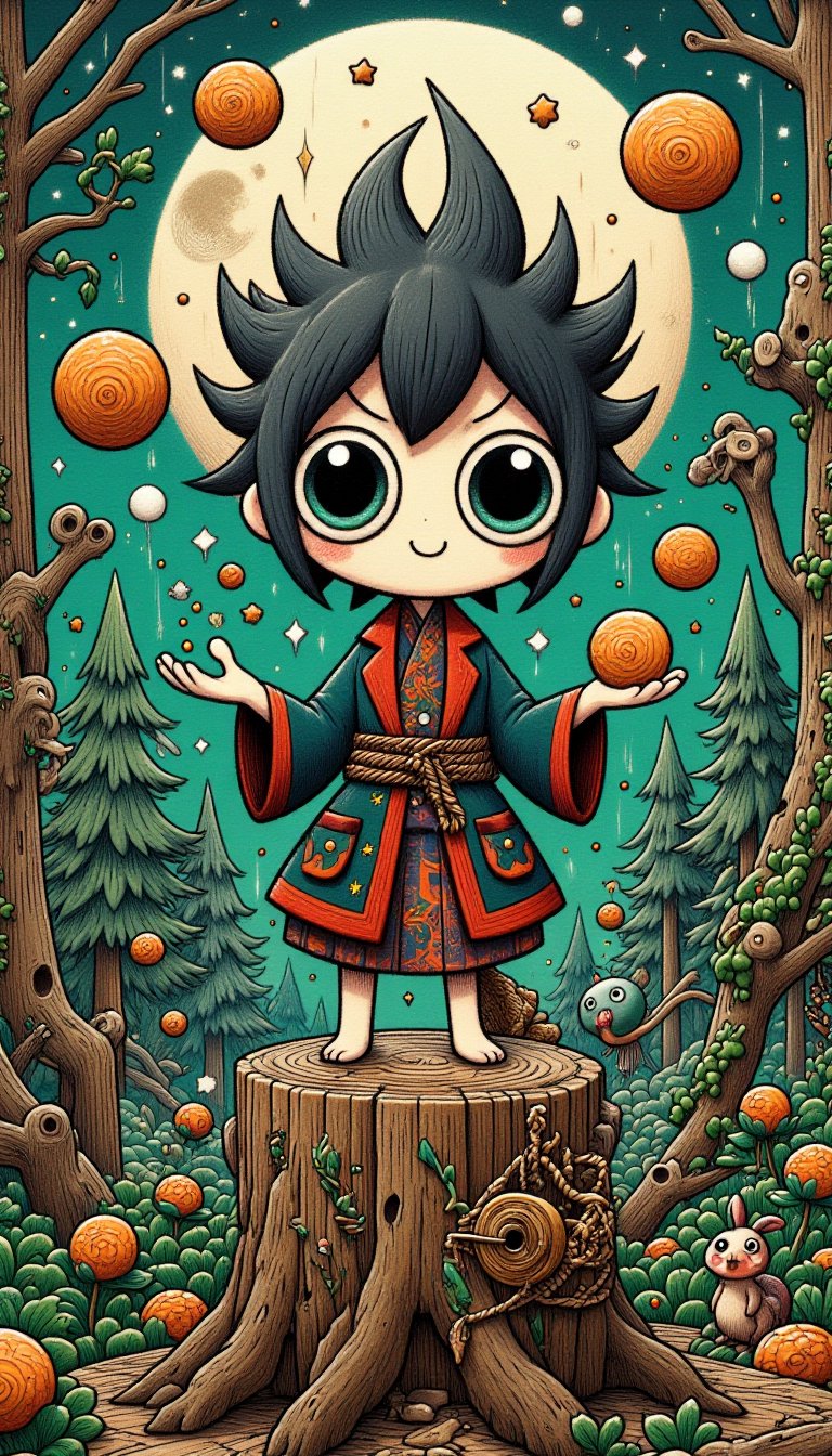 A slender figure with piercing emerald eyes and wild, raven-black hair, dressed in a lavish, crimson-trimmed coat with a mischievous grin, juggles three glowing, ethereal orbs while standing atop a weathered, ancient tree stump in the heart of a mystical, moonlit forest.