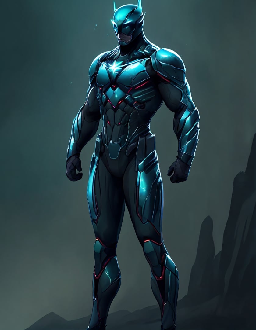 superhero suit, 1 man,  armor, armor,  glowing, glowing eyes, helmet,  green eyes, shoulder armor, standing  <lora:Superhero_suit-000007:.7>, 