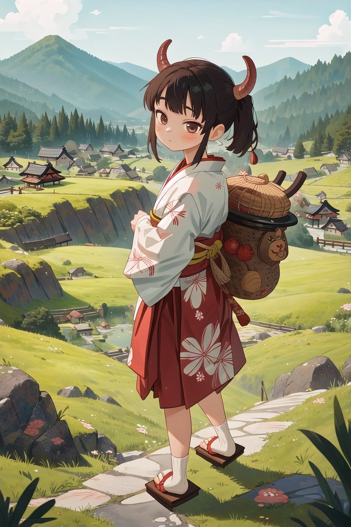 masterpiece,best quality,1girl,oni,japanese clothes,(horn:0.6),landscape