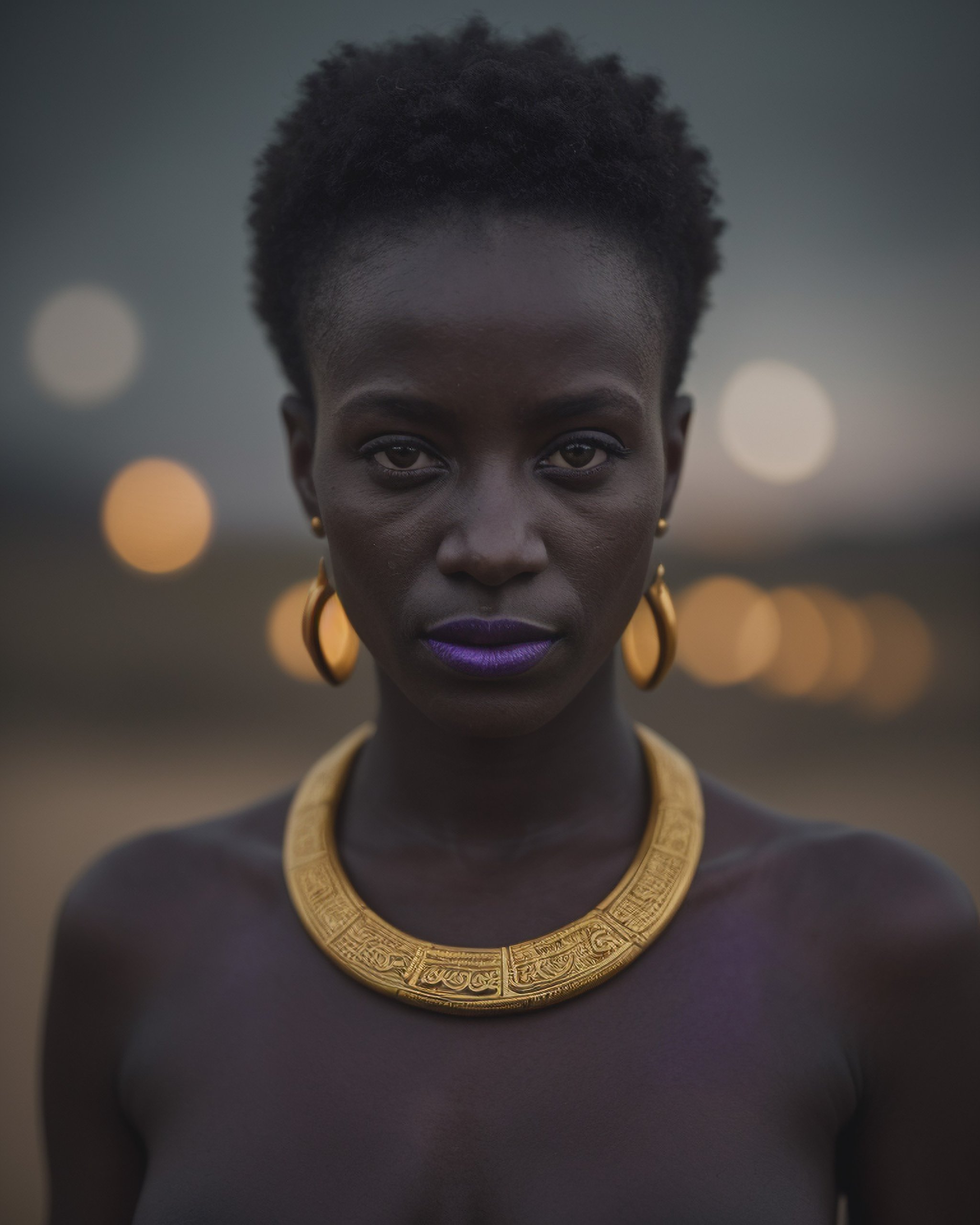 Highly detailed, Female focus, cinematic portrait, beautiful black african woman, shaman, ((MetallicPurple:lipstick)), beautiful eyes that can see into the future, small perky breasts a symbol her his fertility, goddess of Africa, gold jewellery, looking in the distance, bokeh, depth of field, velvia, retro, 4K, desert (Cinematic National geographic Magazine cover - professional portrait)strong expression focus,The scene is bathed in soft relaxing cinematic lighting with depressing volumetric (bokeh),creating a moody and intense atmosphere. Microscopic_intricate_details-skin_pores-hair-eyes-skin-scars,dull-warm colors and dark shadows blending togethe,(dim cinematic lighting:1.2),