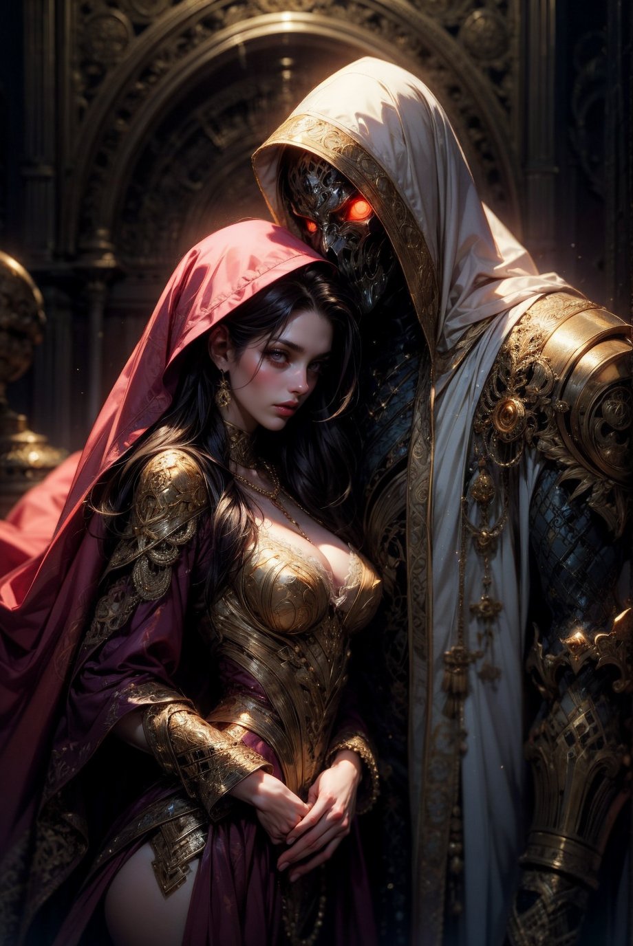 best quality, masterpiece, illustration, an extremely delicate and beautiful, man in purple robes with hood covering face next to a women, glowing eyes,gold neck chains, ominous, occult, from side, symbols, dark theme