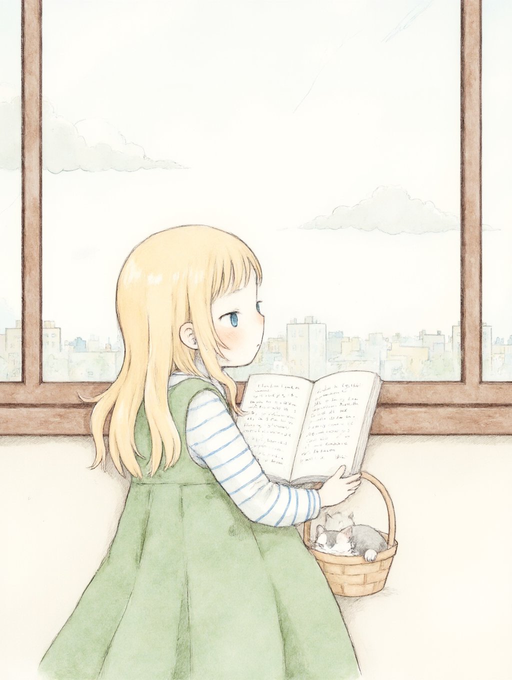 ffstyle02,<lora:wai-style02:1>,one girl,indoor,hair over shoulder,skirt,cloud,open book,striped shirt,bangs,blue eyes,sketch,looking back,greyscale,cat,basket,green dress,blush,limited palette,blonde hair,black hair,holding animal,window,