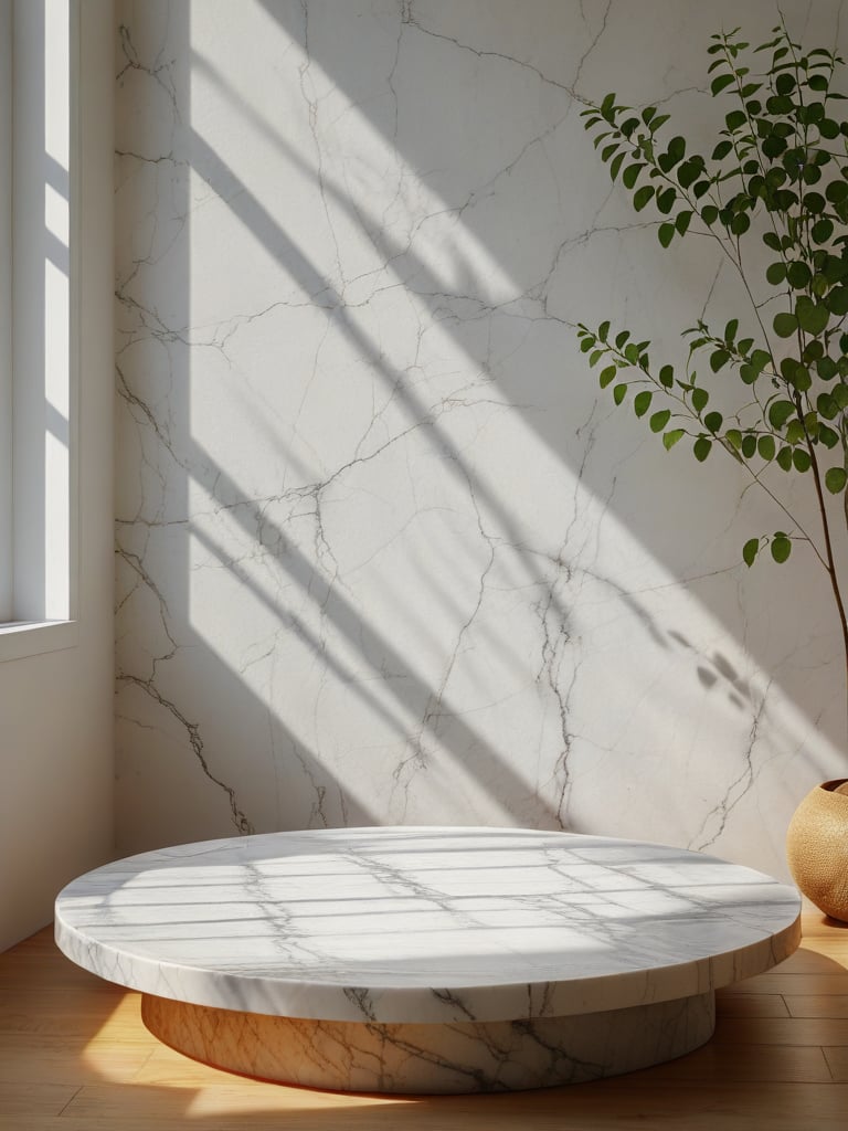 ananjj, minimalist, indoor, round marble slab, no humans, light spot, sunlight, light and shadow, window, plant, still life, leaf