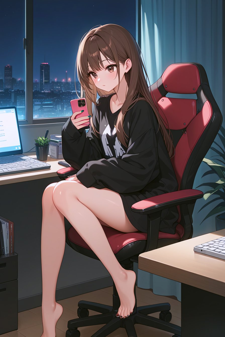 score_9, score_8_up, score_7_up, source_anime, rating_safe, 1girl, solo, long hair, blush, brown hair, shirt, long sleeves, brown eyes, sitting, barefoot, indoors, nail polish, sleeves past wrists, window, night, chair, phone, cellphone, curtains, desk, toenails, city, toenail polish, cityscape, computer, oversized clothes, monitor, keyboard \(computer\), office chair, 