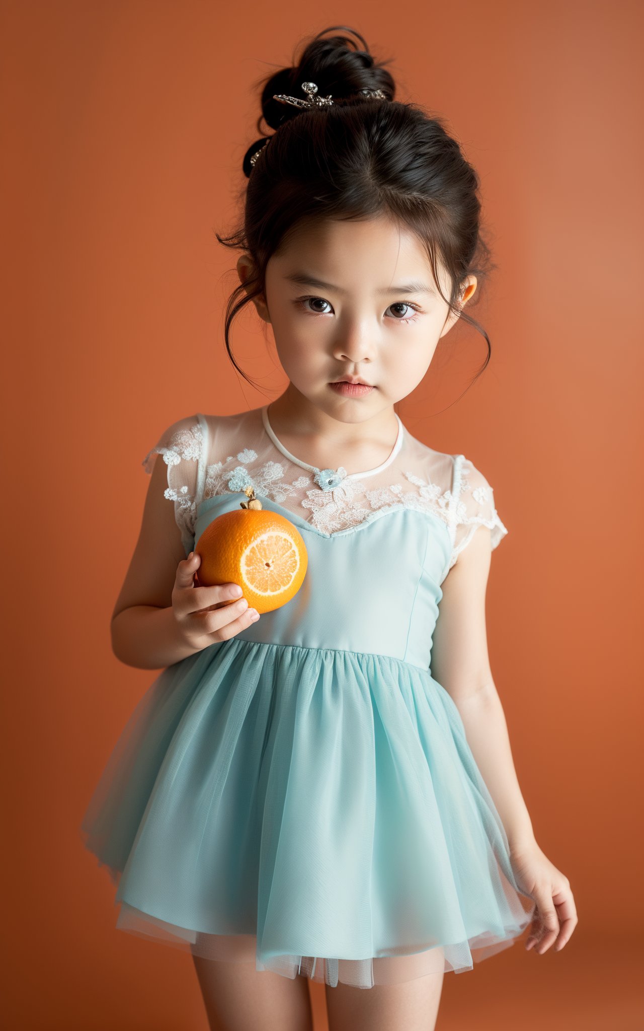 (masterpiece, top quality, best quality, official art, beautiful and aesthetic:1.2),cover art,illustration minimalism,copper and blue and white porcelain background,advertising creativity,a little girl holding an orange on her chest,the little girl is 8 years old,in a cute lace dress,,