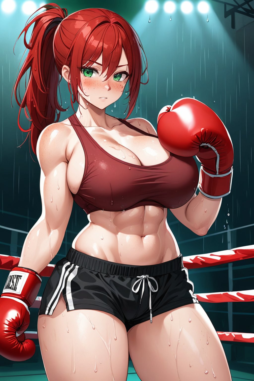 messy hair, red hair, green eyes, freckles, thick thighs, abs, large breasts, bare breasts, nipples, red boxing gloves, boxing ring background, sweat, ponytail, wet, shorts