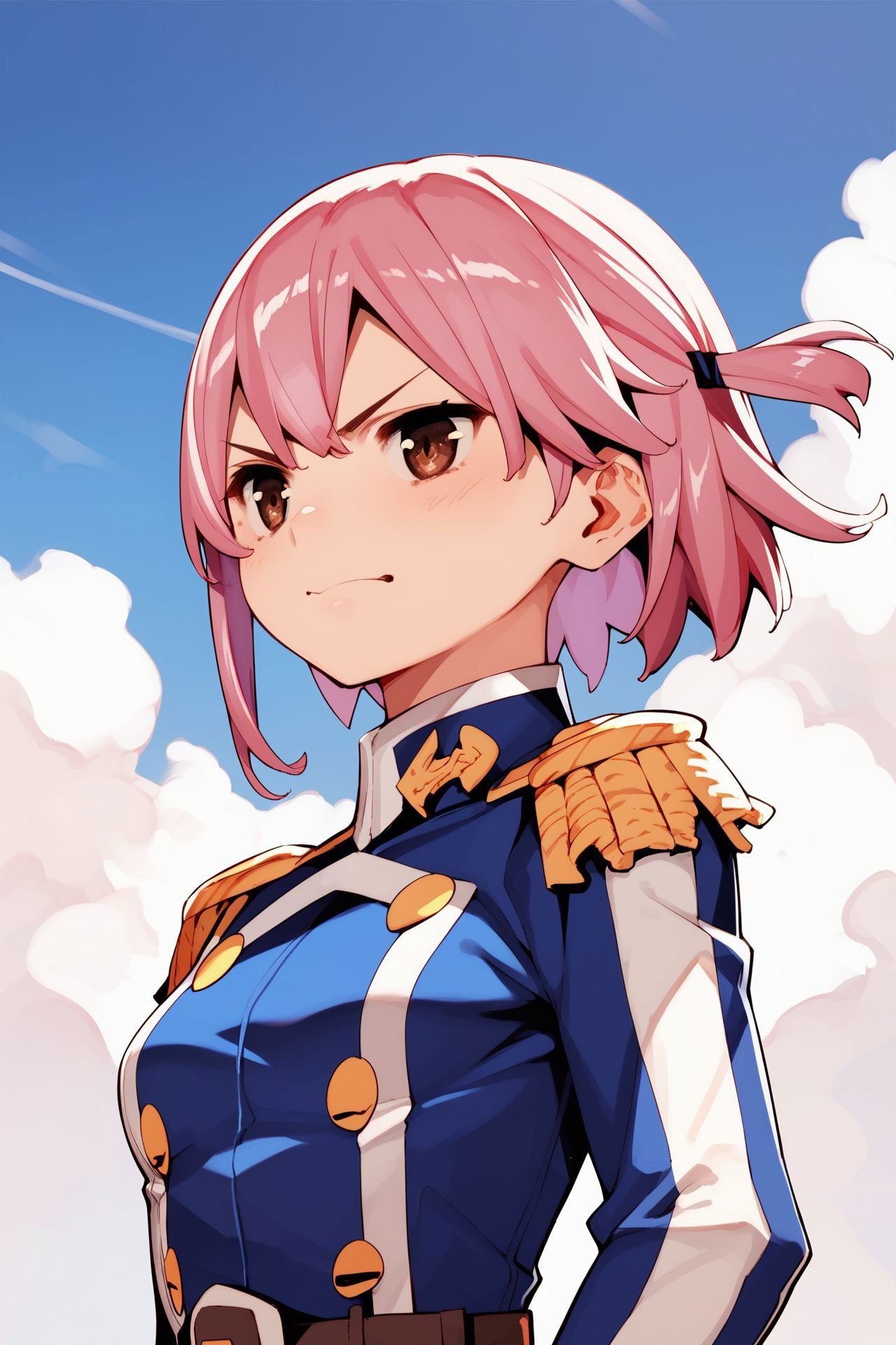 score_9, score_8_up, score_7_up, 1girl, v-shaped eyebrows, pink hair, hair_over_eyes, hair_flaps, dark_brown eyes, small breasts, uniform, outdoors,  day <lora:Takemura_Youhei_PonyXL_style_v01:1>