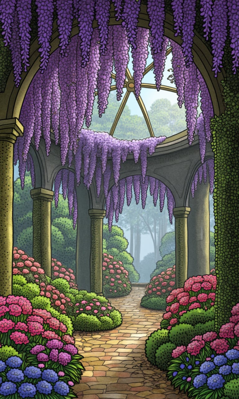 garden of eden, vivid colorful flowers, lots of purple and pink wisteria hanging from ceiling, overgrown, vines, moss, style of Renato Mucillo landscape, Andreas Rocha artstation :: epic scale, dramatic lighting, 8k post processing, many golden layers, trending on artstation, environment highly detailed