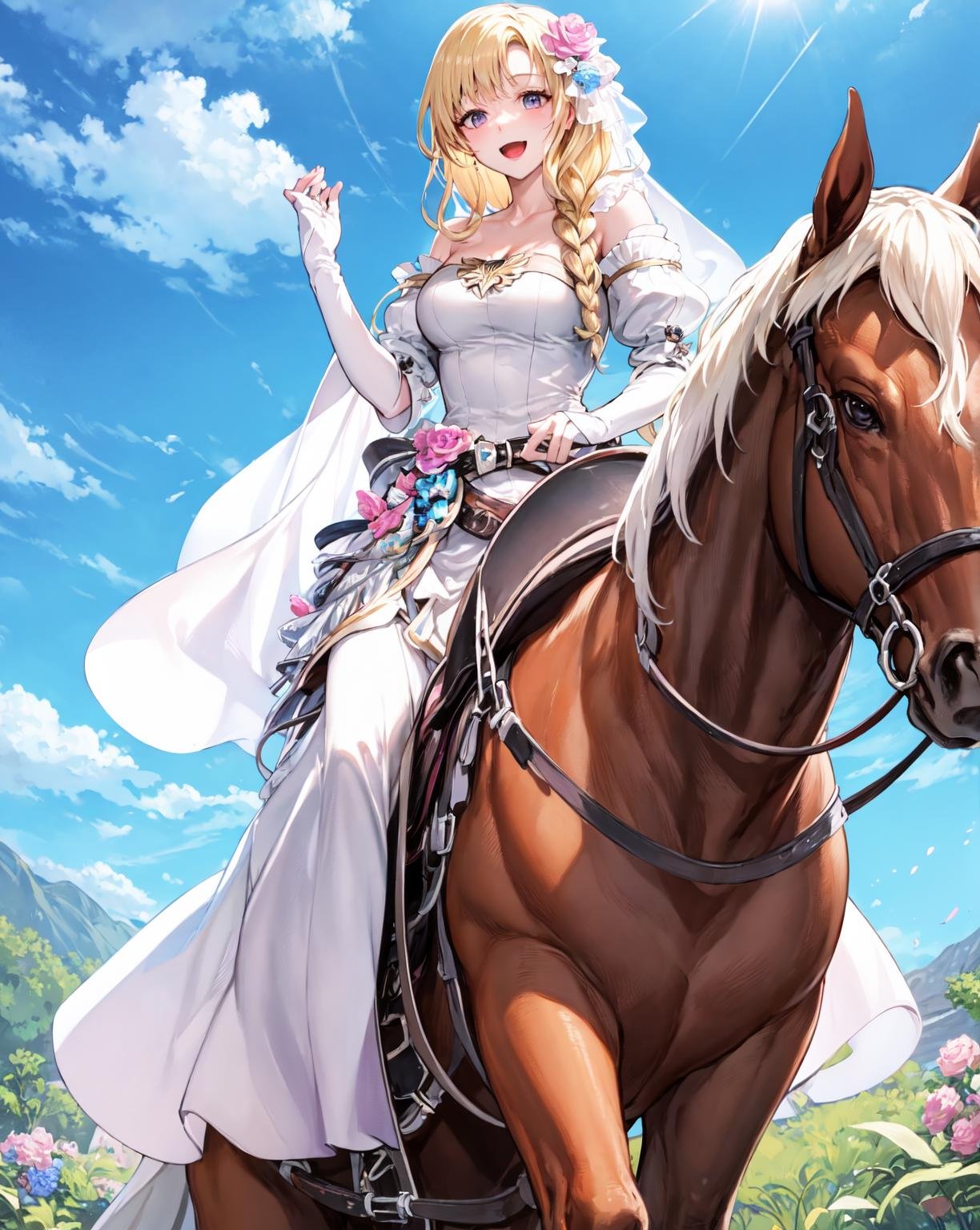 (from below:1.3),<lora:horseback_riding:0.5:pose>,horseback_riding,(white horse,riding a horse,saddle,reins:1.1),<lora:louise:0.7>, wed_louise, white glove,dress,brooch、 flower, white dress,  long dress,wedding dress, bare shoulders, single braid, bridal gauntlets,  open mouth, medium breasts, looking at viewer, strapless dress, breasts, smile, hair over shoulder, strapless,outdoors,(masterpiece, best quality, ultra-detailed, best shadow)