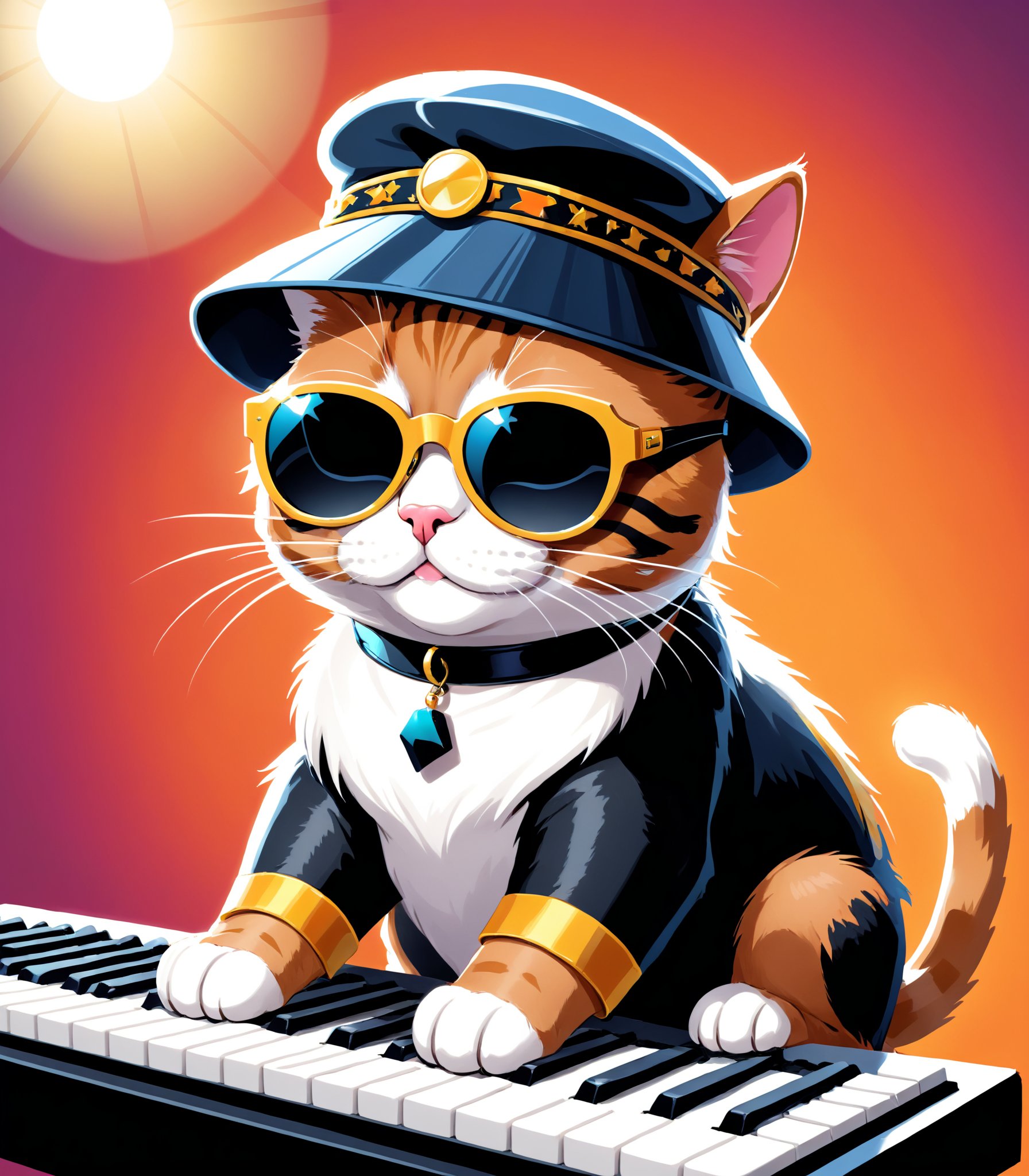 Illustration of a cat cosplaying as Stevie Wonder with sunglasses, a funky hat, and a keyboard. The cat should be depicted with closed eyes, playing the keyboard, and the background should have a spotlight on the feline performer.