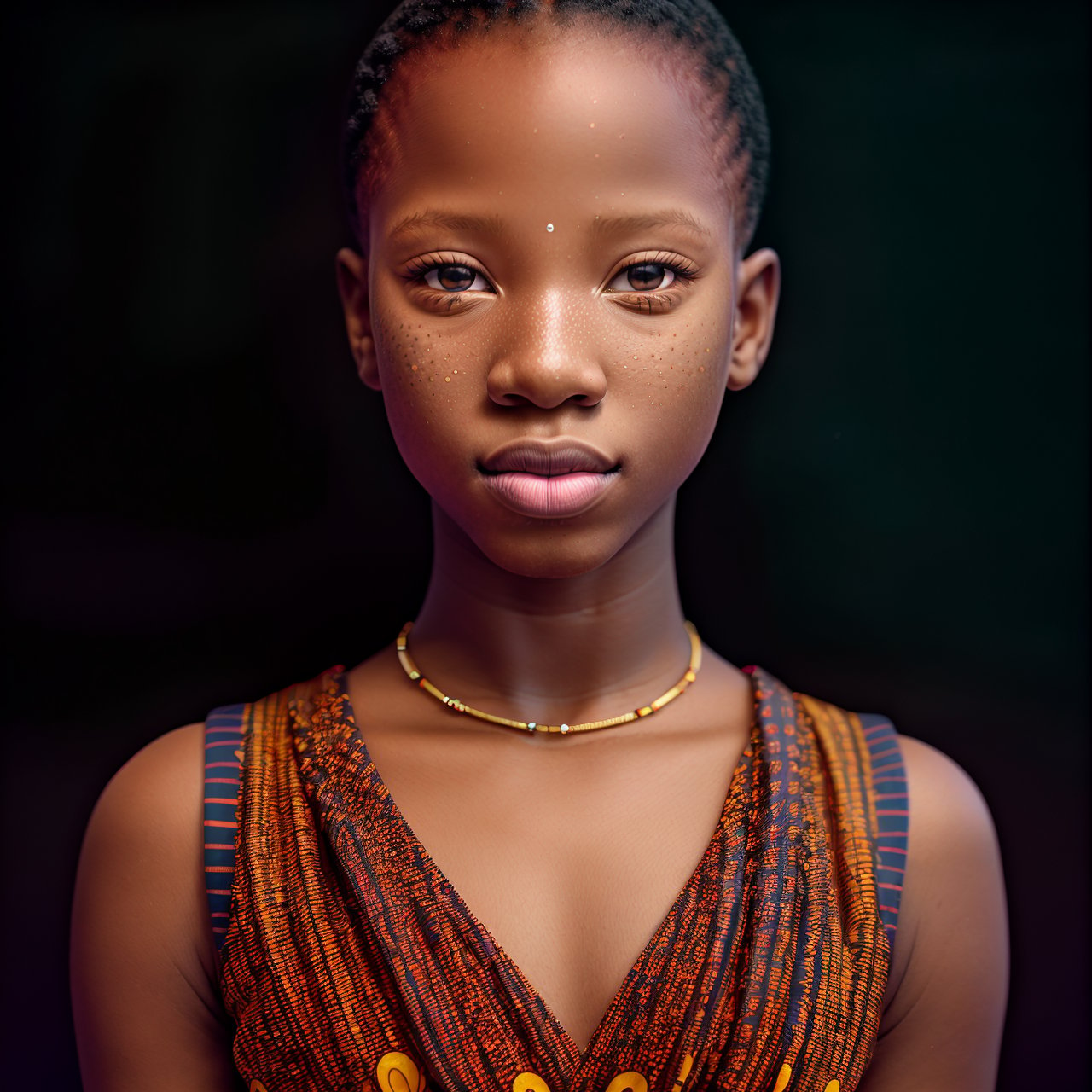 SFW, (masterpiece:1.3), best quality, extra resolution, wallpaper, looking back, full body portrait of AIDA_LoRA_EmSam <lora:AIDA_LoRA_EmSam:0.63> in (bright yellow traditional African clothes:1.1), little girl, pretty face, beautiful child, very detailed face, (looking at viewer with love:1.3), (very detailed natural skin with pores), dolly short, self-assurance, insane level of details, studio photo, kkw-ph1, hdr, f1.7, colorful, (black background:1.3), stunningly beautiful, simple background