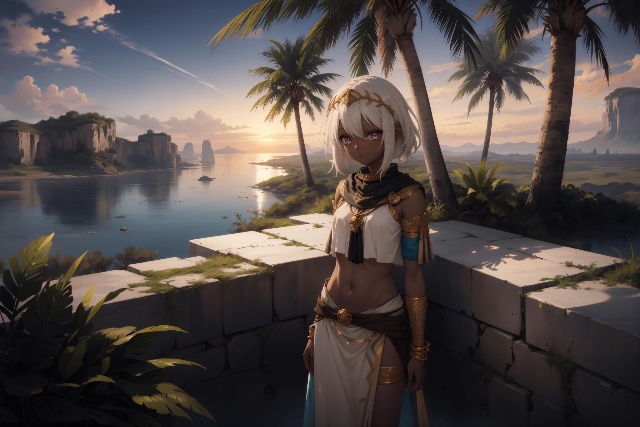 1girl, solo, anime, white hair, tribal dress, headdress, armband, gold, luxury, midriff, close, pretty face, happy, loving, dark skin BREAK, ancient civilization, (civilization \(series\):1.2), clean technology, (neon technology), (civil engineering), glowing, ring, detailed texture, scenery, jungle, desert, [stone|(metal)], vines, oasis, palm trees, gradient sky, light particles, pink, sand, grass, masonry, tech infused stone, white marble \(stone\), activity, water