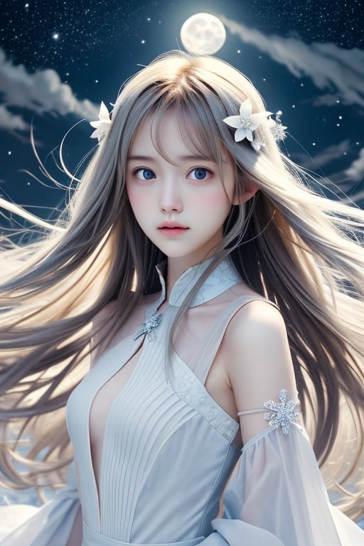 {masterpiece},extremely detailed 8K wallpaper,highres,focus on character,1girl,{{upper body}},hair flower,highly detailed long white hair,floating hair,halo,light blue eyes,{{delicate face}},cute,detailed starry sky,snowflakes,full moon,moonlight,floating city,